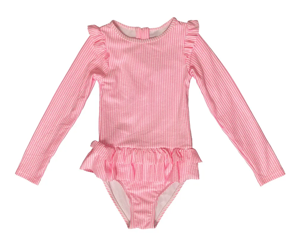 Girls Long Sleeve One-Piece Swimsuit with Ruffle (1)