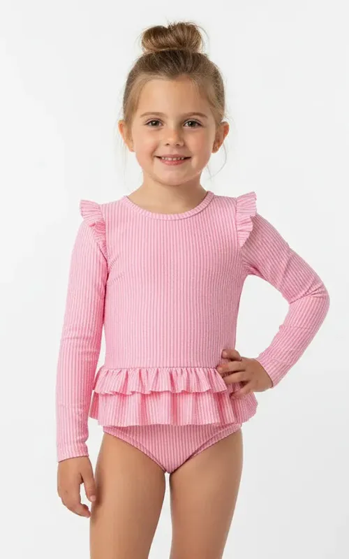 Girls Long Sleeve One-Piece Swimsuit with Ruffle (2)