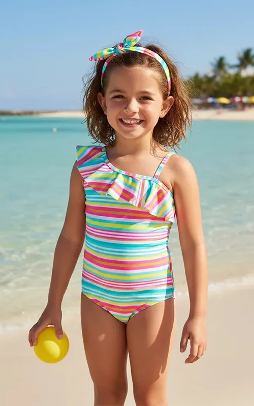 One Shoulder Ruffle Girls Swimsuit (6)