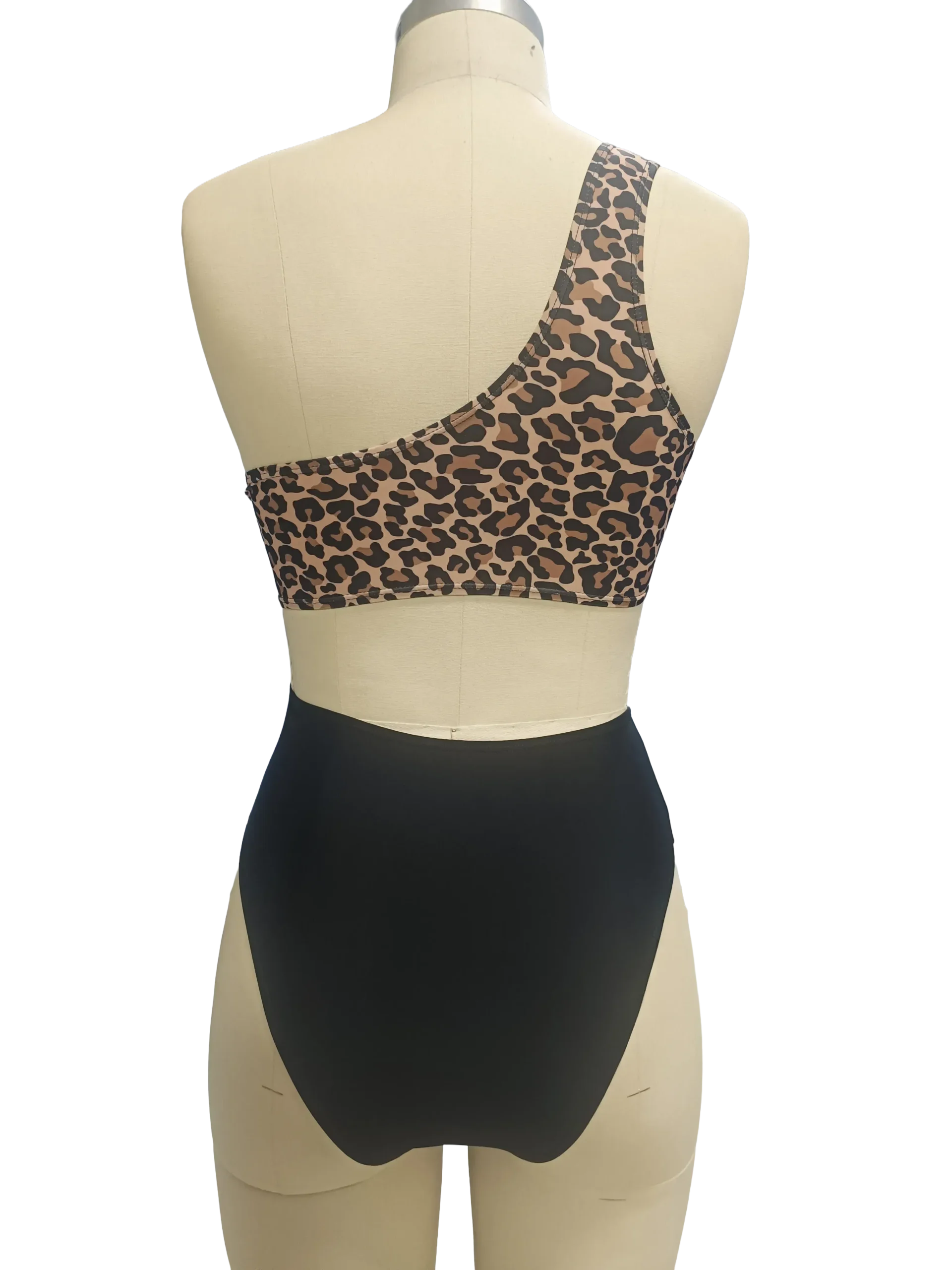 Sexy One-Piece Swimsuit with Leopard Top and Black Bottom