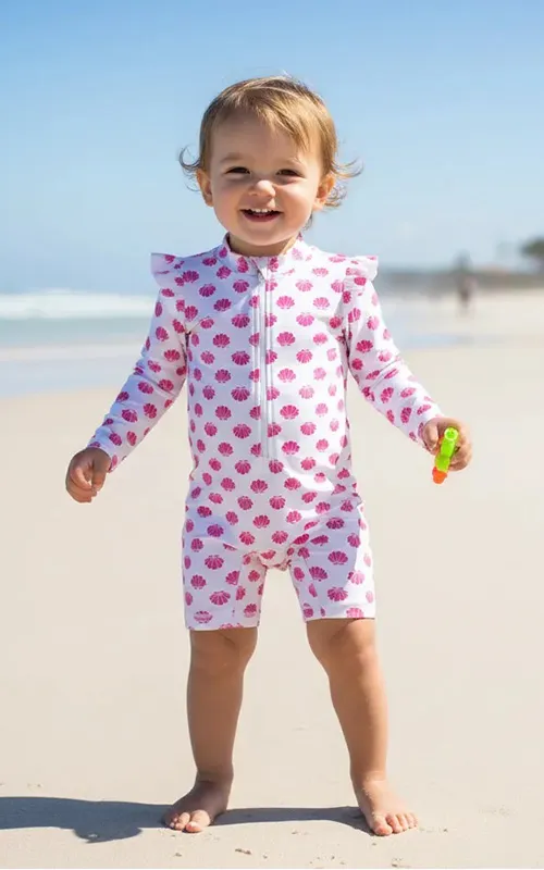Toddler & Girls Rash Guard Swimsuit with Zipper and Ruffle Shoulde