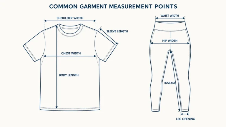 Activewear measurement points diagram for garment sampling and size specifications