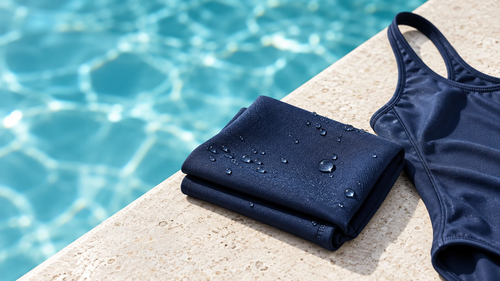 Chlorine-resistant navy swimwear fabric and one-piece swimsuit beside a pool