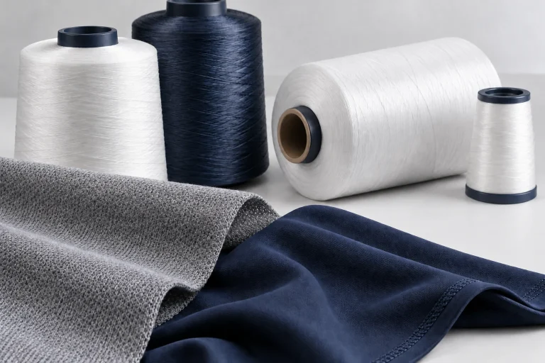 Cones of white and navy yarn with grey knit and navy fabric swatches