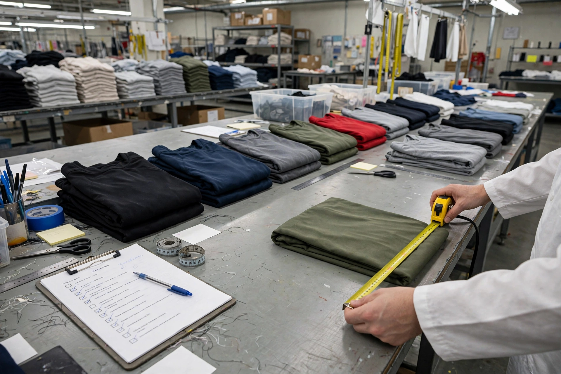 Factory quality inspector measuring a folded garment with a tape measure beside a QC checklist