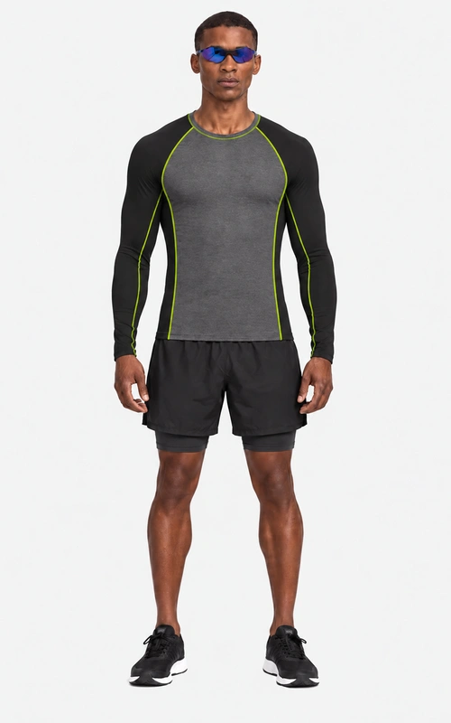 Men's charcoal and black contrast stitch training set, front view