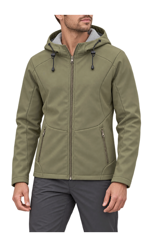 Men's Fleece-Lined Stretch Softshell Jacket, olive green with grey fleece lining, three-quarter model view, AI-assisted design visualization