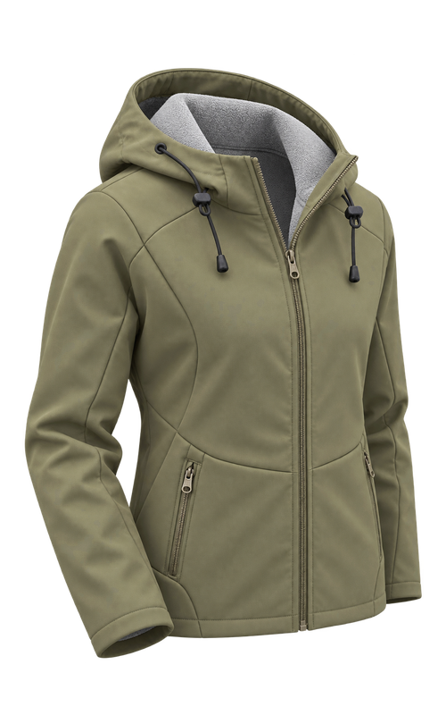 Men's Fleece-Lined Stretch Softshell Jacket, three-quarter garment construction view, AI-assisted design visualization