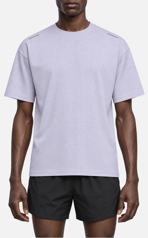 Front view of a men's fine perforated running T-shirt with contrast shoulder bars