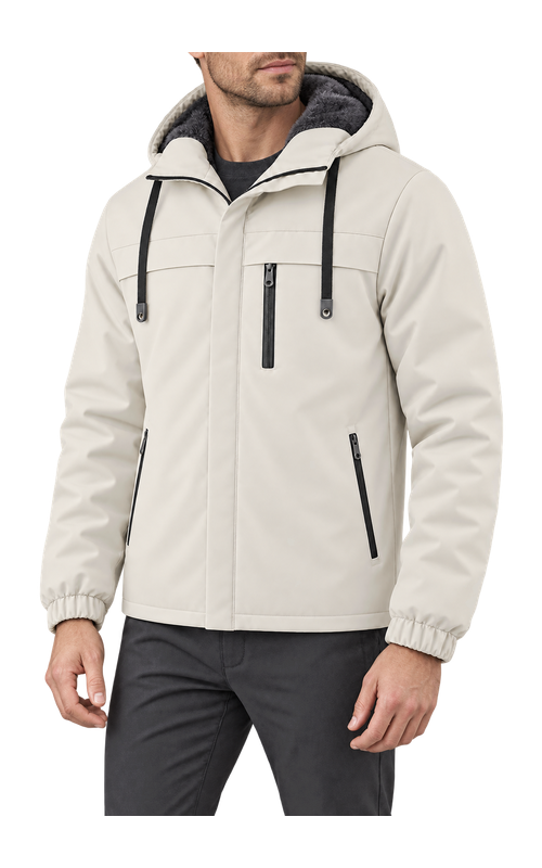 Men's Plush-Lined Hooded Winter Jacket, ivory with charcoal hood lining and black trims, three-quarter model view, AI-assisted design visualization