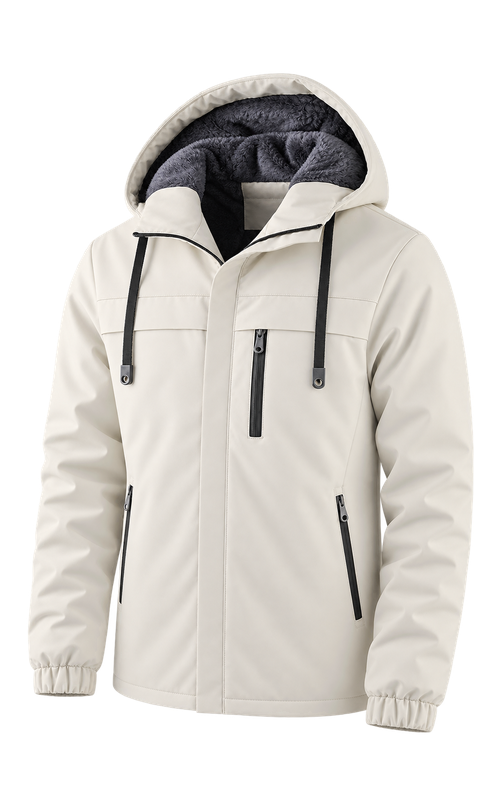 Men's Plush-Lined Hooded Winter Jacket, three-quarter garment construction view, AI-assisted design visualization