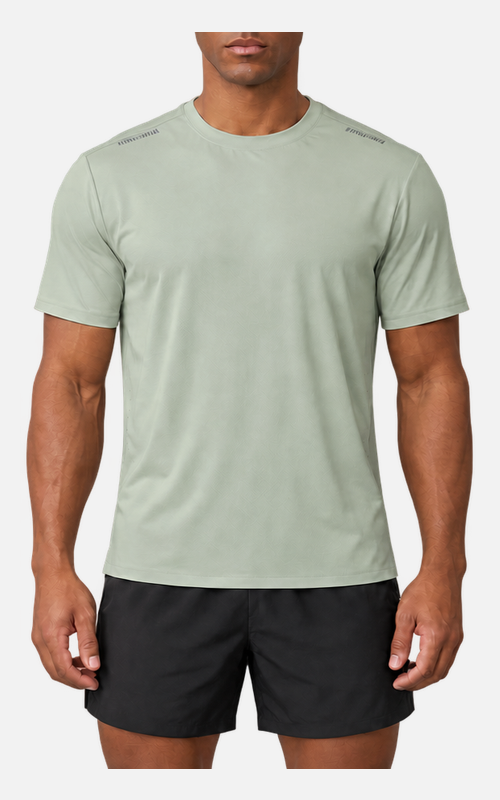 Front view of a men's lightweight technical running T-shirt with reflective shoulder accents