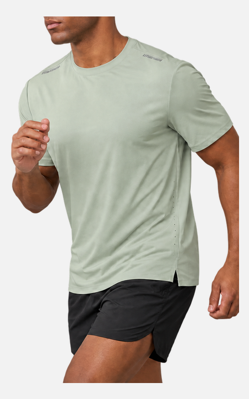 Three-quarter view of a men's running T-shirt showing a short sleeve and side hem split