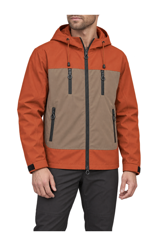 Men's Utility Colour-Block Hooded Jacket, rust brown and taupe, three-quarter model view, AI-assisted design visualization