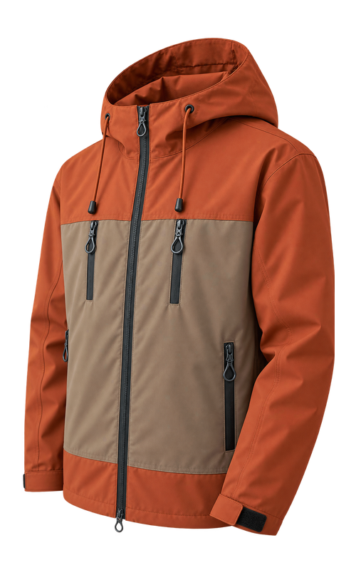Men's Utility Colour-Block Hooded Jacket, three-quarter garment construction view, AI-assisted design visualization