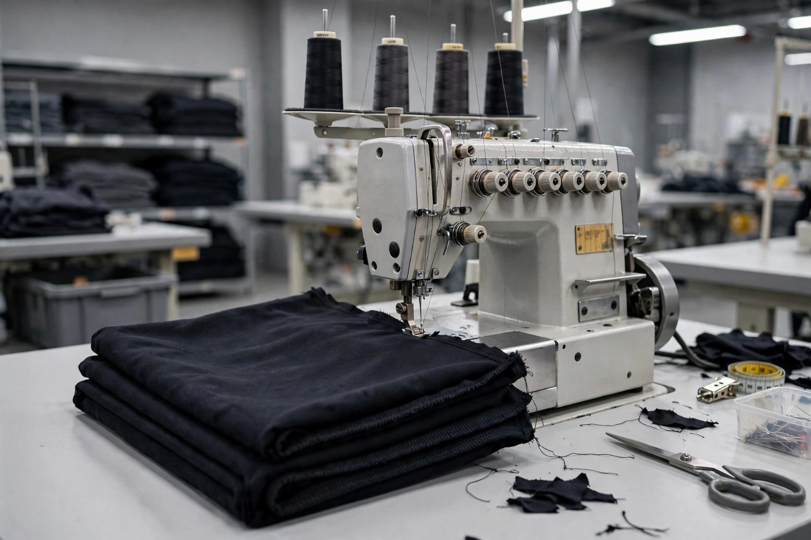 Industrial overlock sewing machine stitching dark stretch fabric on a garment factory workstation (concept illustration)