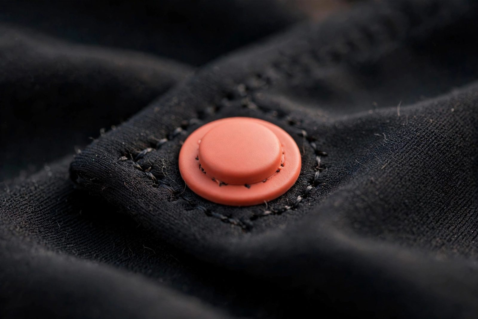 Close-up of a snap fastener on swim fabric, a construction detail used to anchor burkini tunics