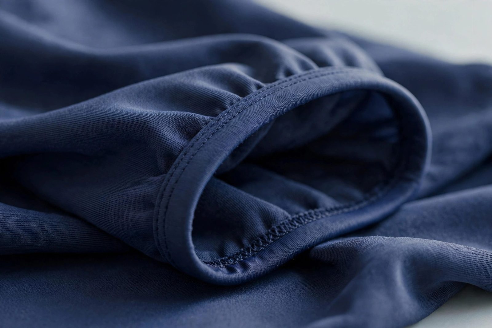 Close-up of elastic-bound swim fabric seam detail on modest swimwear