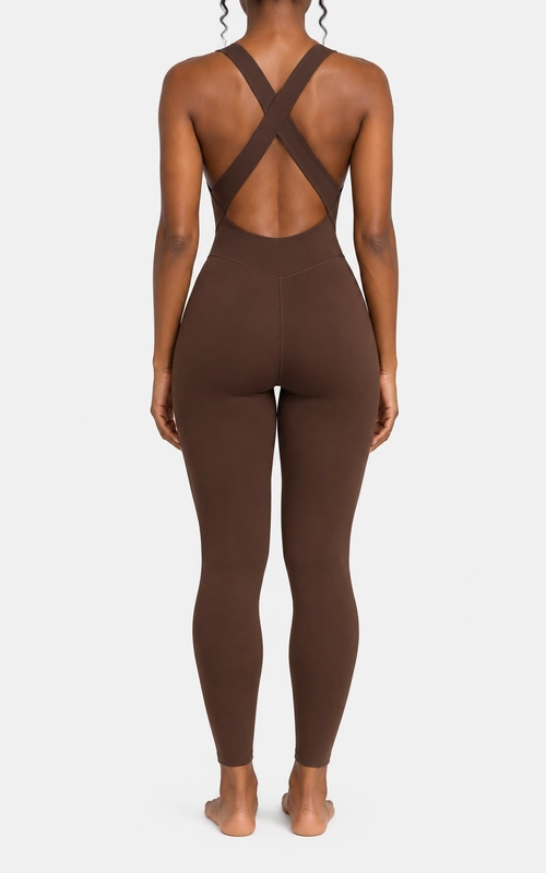 Women's cross-back full-length yoga jumpsuit back view