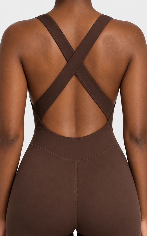 Women's cross-back full-length yoga jumpsuit detail view