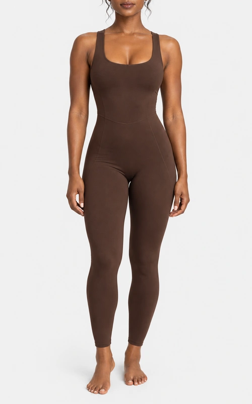 Women's cross-back full-length yoga jumpsuit front view