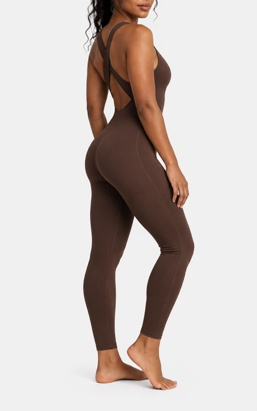 Women's cross-back full-length yoga jumpsuit side view