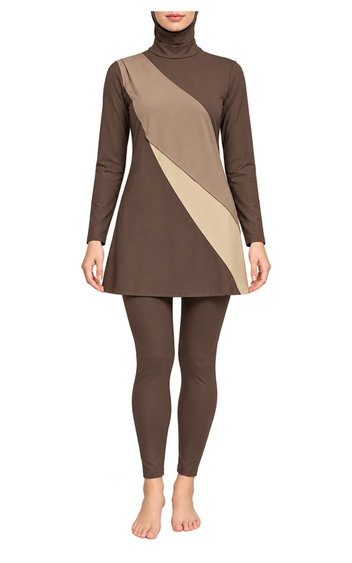 Women's Colour Block Cape Modest Swim Set in earth brown / warm taupe / sand, front model view, AI design visualization