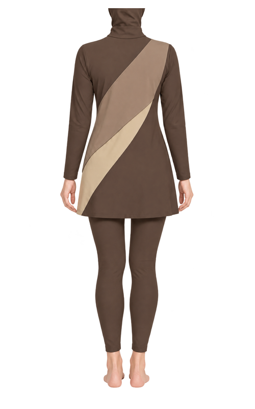 Women's Colour Block Cape Modest Swim Set in earth brown / warm taupe / sand, back model view, AI design visualization
