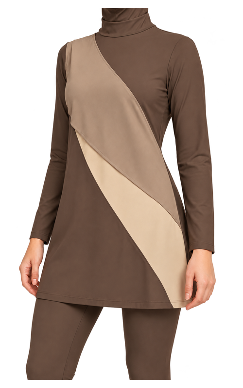 Women's Colour Block Cape Modest Swim Set in earth brown / warm taupe / sand, construction detail view, AI design visualization