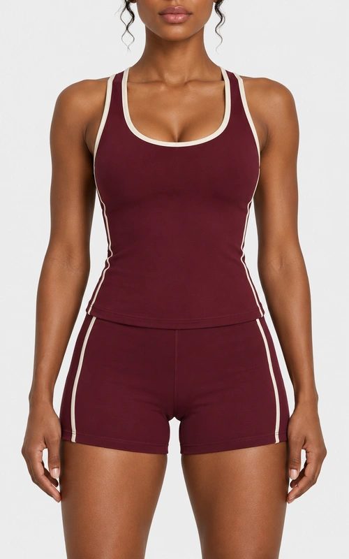 Women's contrast piping cross-back training tank and shorts set front view