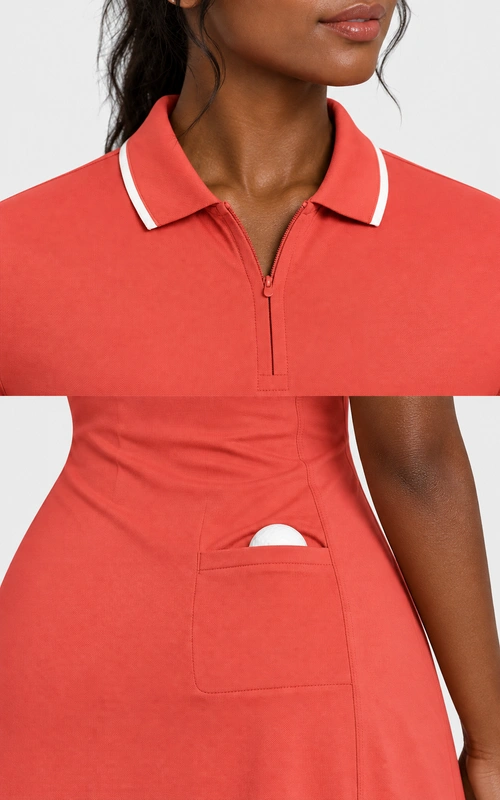 Women's coral polo performance dress detail view