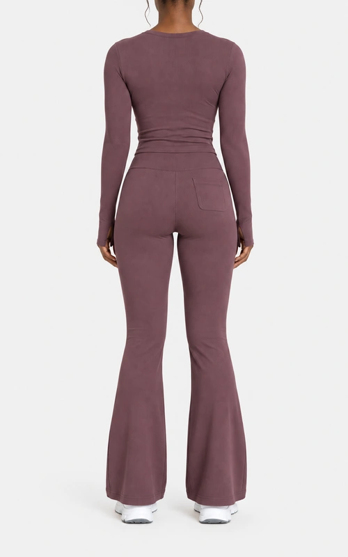Women's dusty plum twist-front flare set back view
