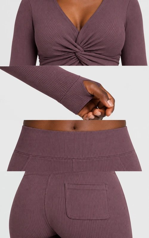 Women's dusty plum twist-front flare set detail view