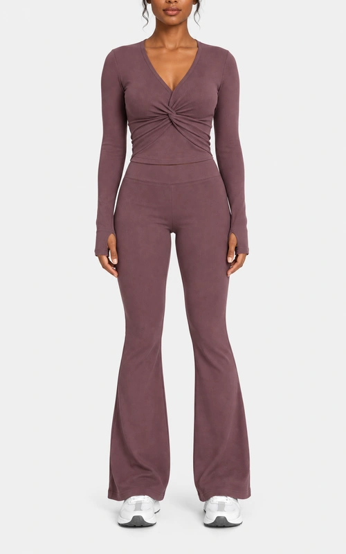 Women's twist-front long-sleeve top and flare pants set front view