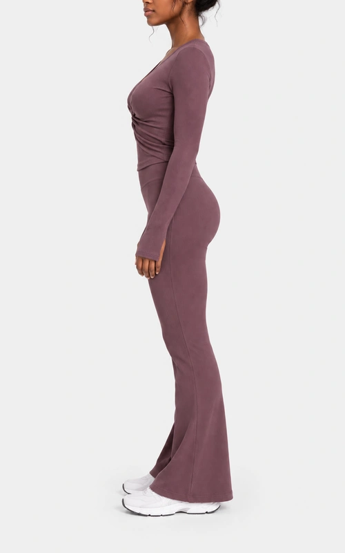 Women's dusty plum twist-front flare set side view