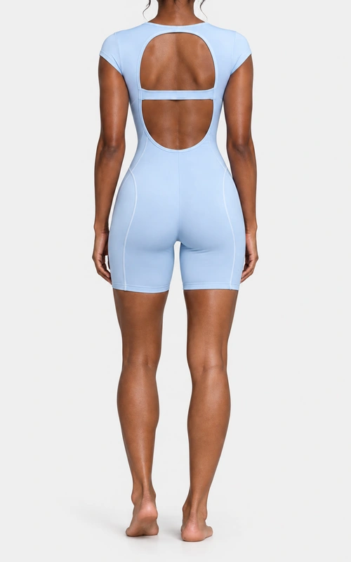 Women's ice blue open back short unitard back view