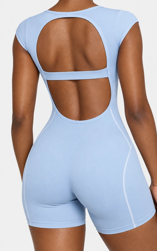 Women's ice blue open back short unitard detail view
