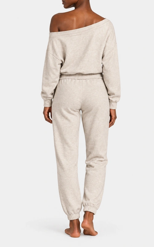 Women's off shoulder sweatshirt and jogger set back view