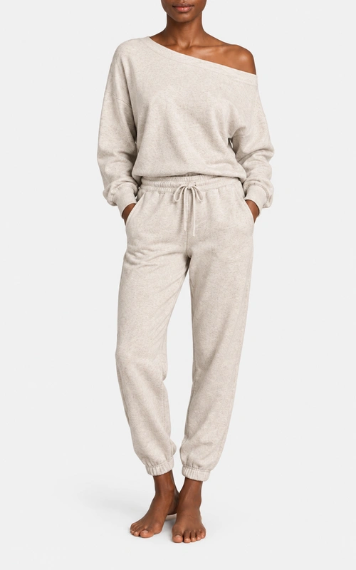 Women's relaxed off shoulder sweatshirt and jogger set front view