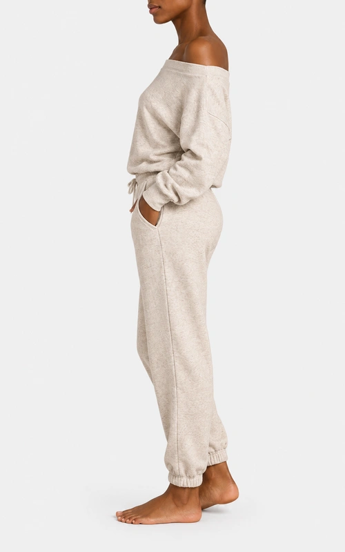 Women's off shoulder sweatshirt and jogger set side view