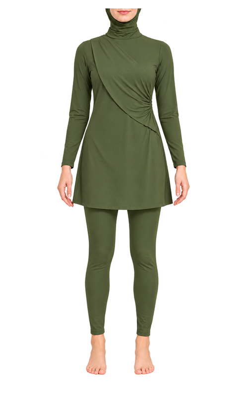 Women's Side Ruched Modest Swim Set in olive green, front model view, AI design visualization