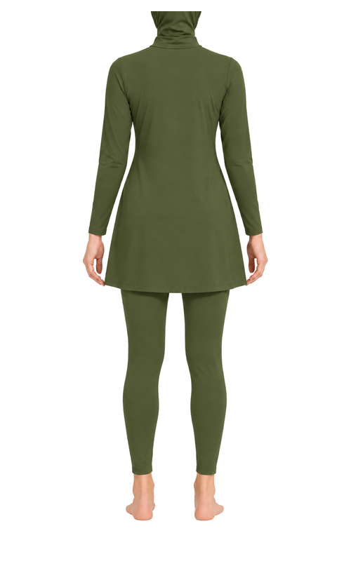 Women's Side Ruched Modest Swim Set in olive green, back model view, AI design visualization