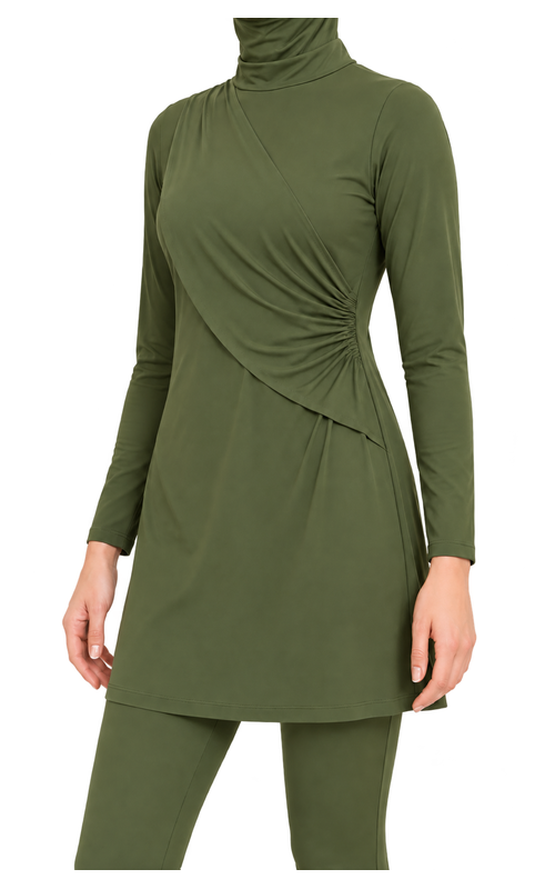 Women's Side Ruched Modest Swim Set in olive green, construction detail view, AI design visualization