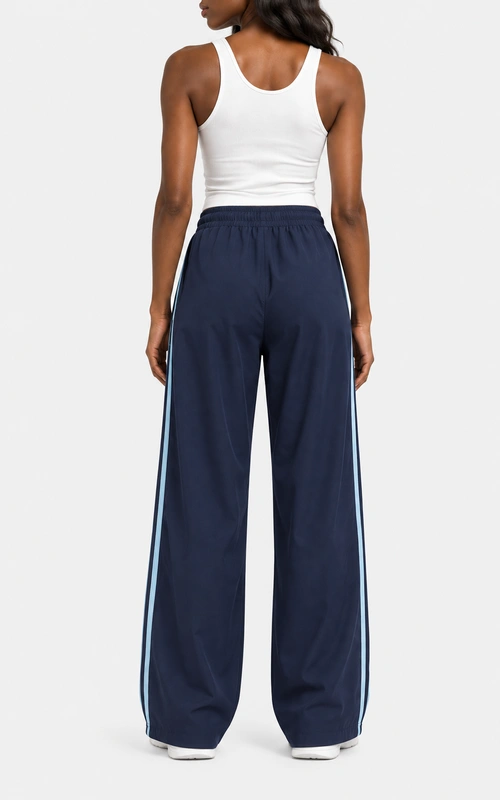 Women's side stripe wide leg track pants back view