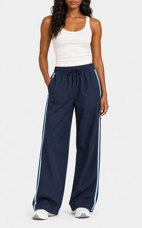 Women's retro side stripe wide leg track pants front view