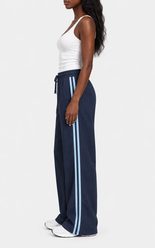 Women's side stripe wide leg track pants side view
