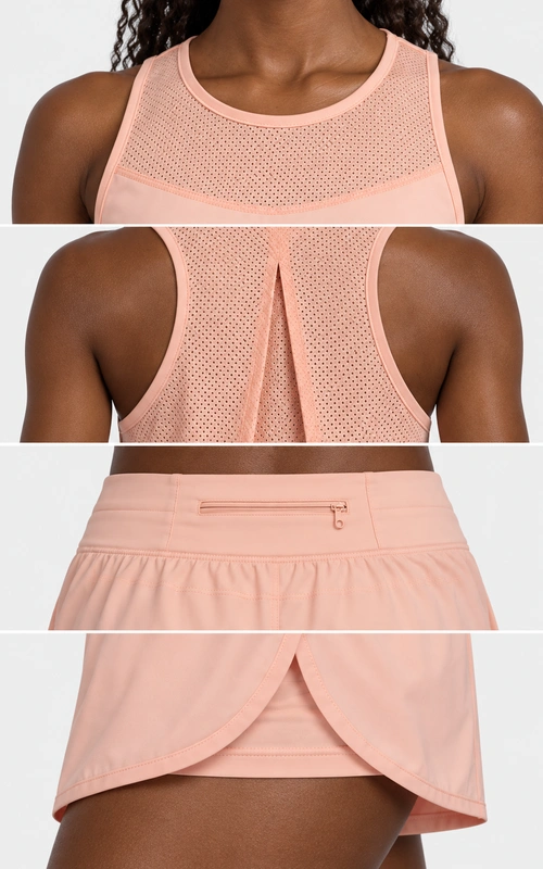 Women's soft peach mesh running set detail view
