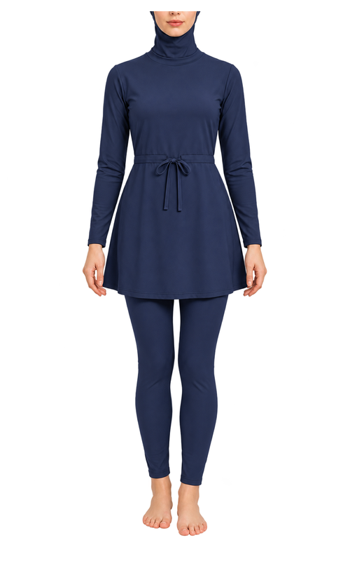 Women's Tie Front Modest Swim Set in navy blue, front model view, AI design visualization
