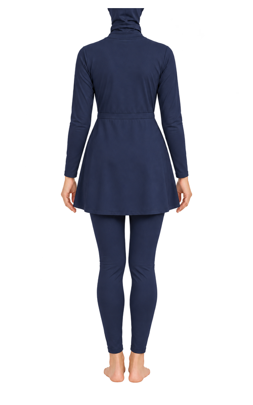 Women's Tie Front Modest Swim Set in navy blue, back model view, AI design visualization