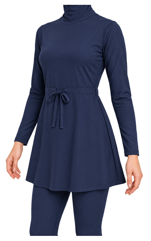 Women's Tie Front Modest Swim Set in navy blue, construction detail view, AI design visualization
